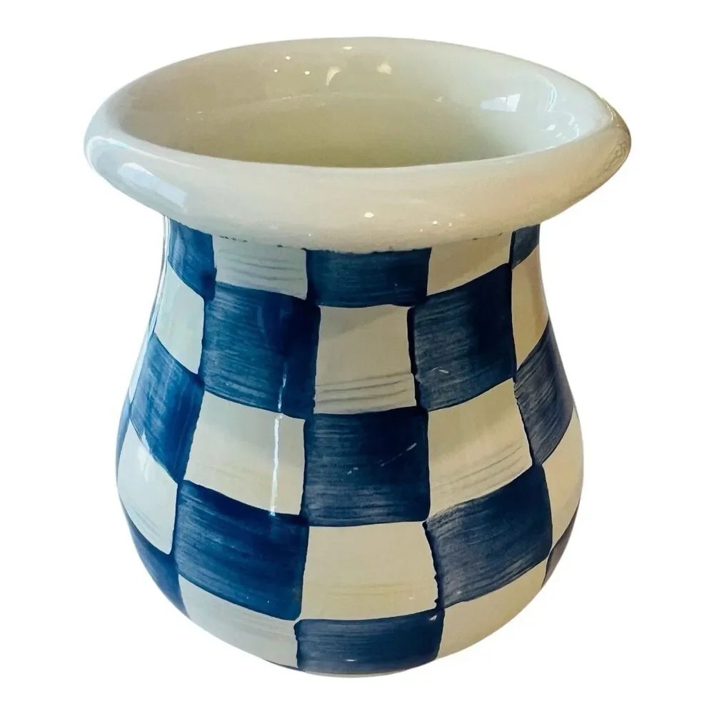 MacKenzie-Childs Blue Check Enamel Creamer Pitcher 14 Oz Hand Painted 4.5”